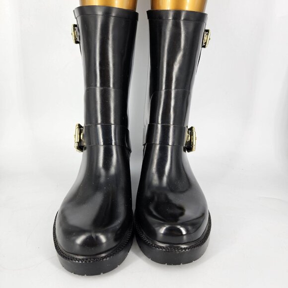 Vince Camuto Boots Womens Size 7 Black VC Hinch Rubber Rain Moto Gold Buckle - Picture 5 of 12